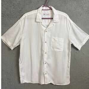 Zara Men's Camp Shirt Crisp White Soft Lyocell Size L Beachy Resort Summer